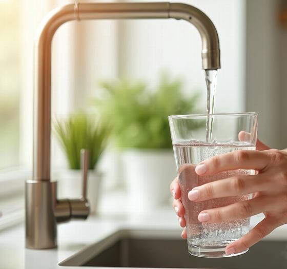 A person filling a glass with clean water from a modern kitchen faucet surrounded by indoor plants emphasizing hydration for a healthy lifestyle