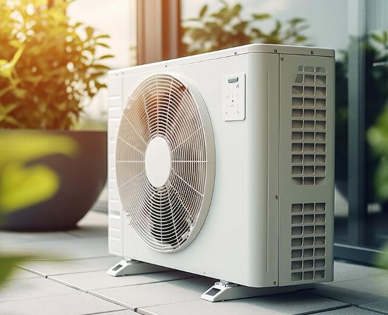air conditioning unit in a plant filled environment with sunlight highlighting the modern design providing efficient cooling solutions for residential areas
