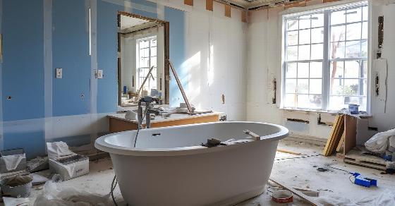 plumber working on modern bathtub in stylish bathroom three renovation process